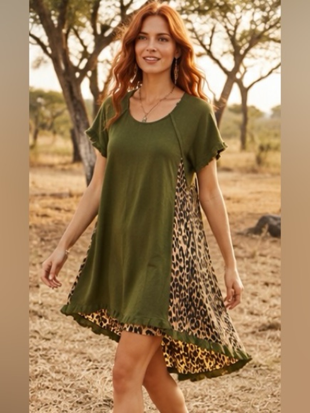 NWT Umgee Olive Linen Blend Leopard Print High Low Boho Dress Frayed Hem Small